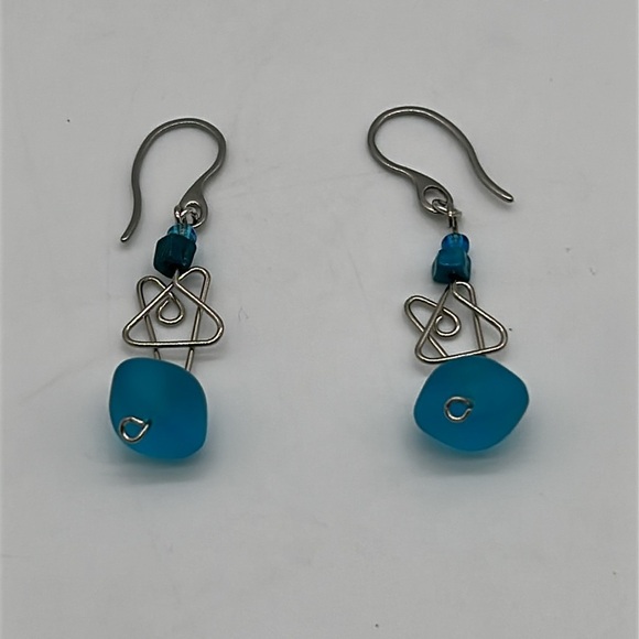 Handmade Blue Sea Glass Earrings with Stainless Steel Hooks NWT - Picture 3 of 7